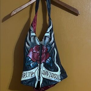 Harley-Davidson Black and Red Rose Leather Halter Top